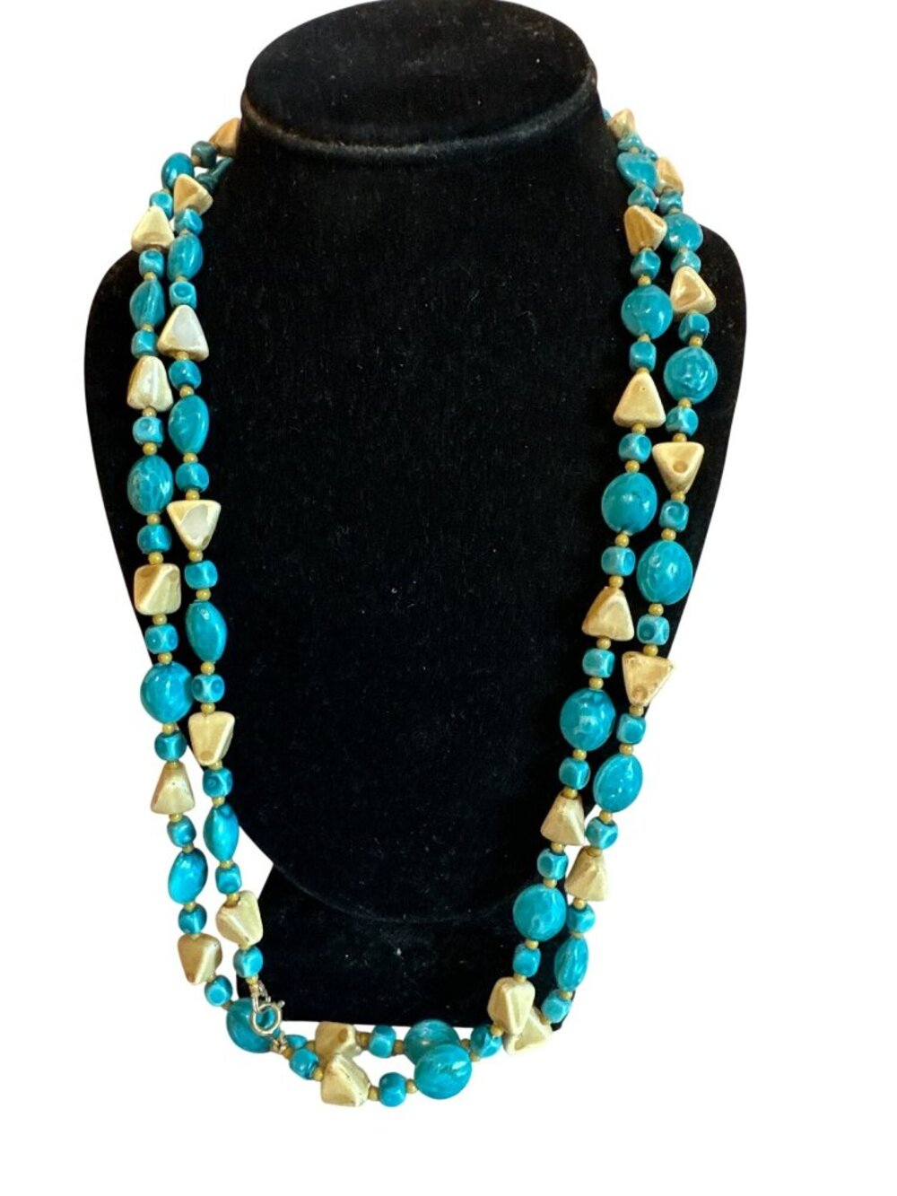 VTG Turquoise Colored Beaded Double-Strand Necklace Geometric Resin Strand Beads